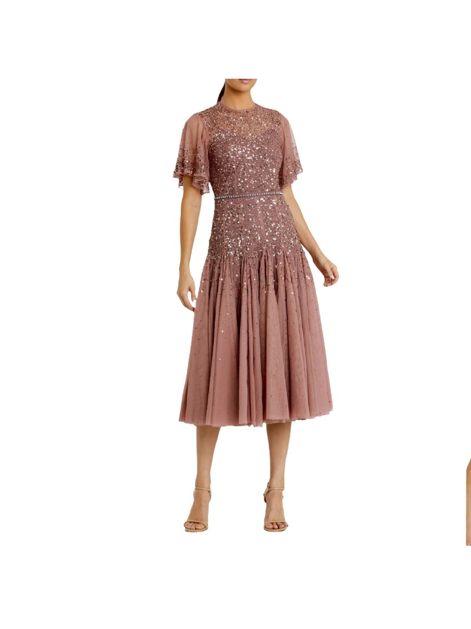 Mac Duggal Pink Cape Sleeve Beaded Tea Length Drop Waist Dress Women’s Sz 12